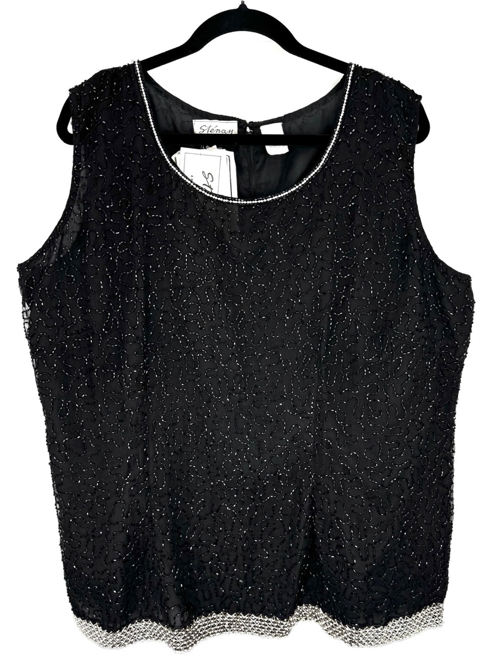 Vintage 90s Stenay Silk Black Beaded Sleeveless Evening Tank Top